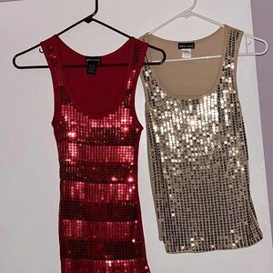 Two Sequined Wet Seal Tank Tops - Red and Gold